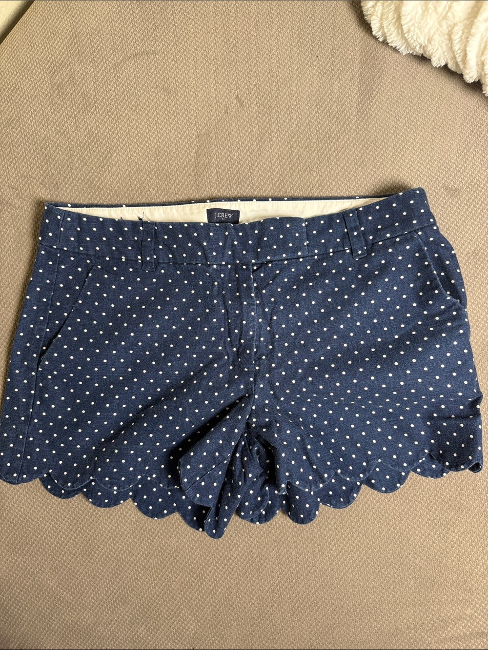 J. Crew Navy with White Polka Dot Scalloped Hem Shorts